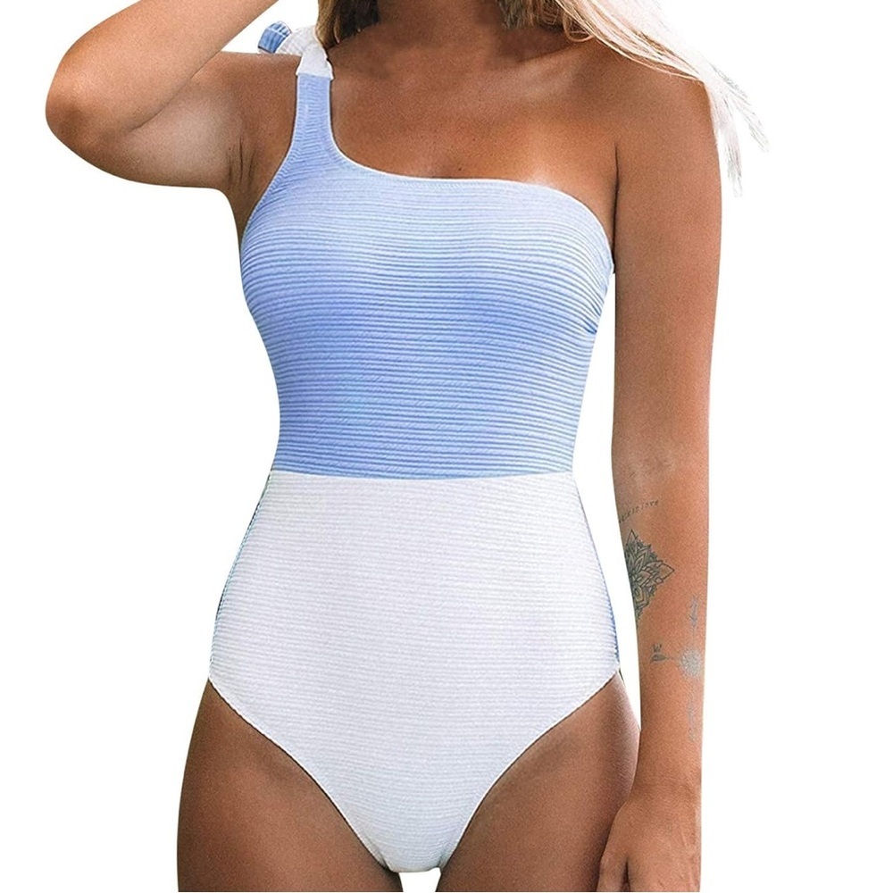 Women Swimwear Block Color 1-Shoulder 1-Piece Sexy Swimsuit Tummy Tucking NWT